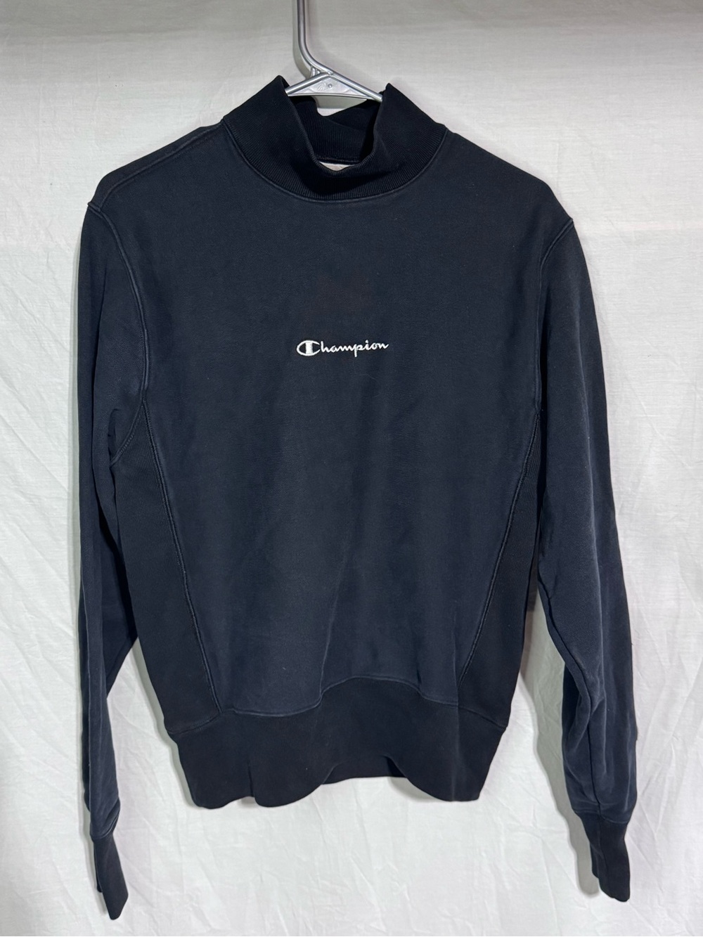 Vintage Champion Black Mock Neck Sweatshirt with White Script Logo Size Small